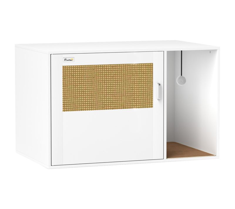 Maison De Toilette Chat Style Cosy Effet Rotin - Porte, Griffoir, Jeu Boule - Blanc