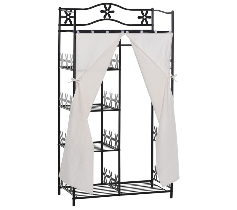 Armoire Penderie Multi-rangement 5 Étagères Métal Noir 2 Rideaux Blanc