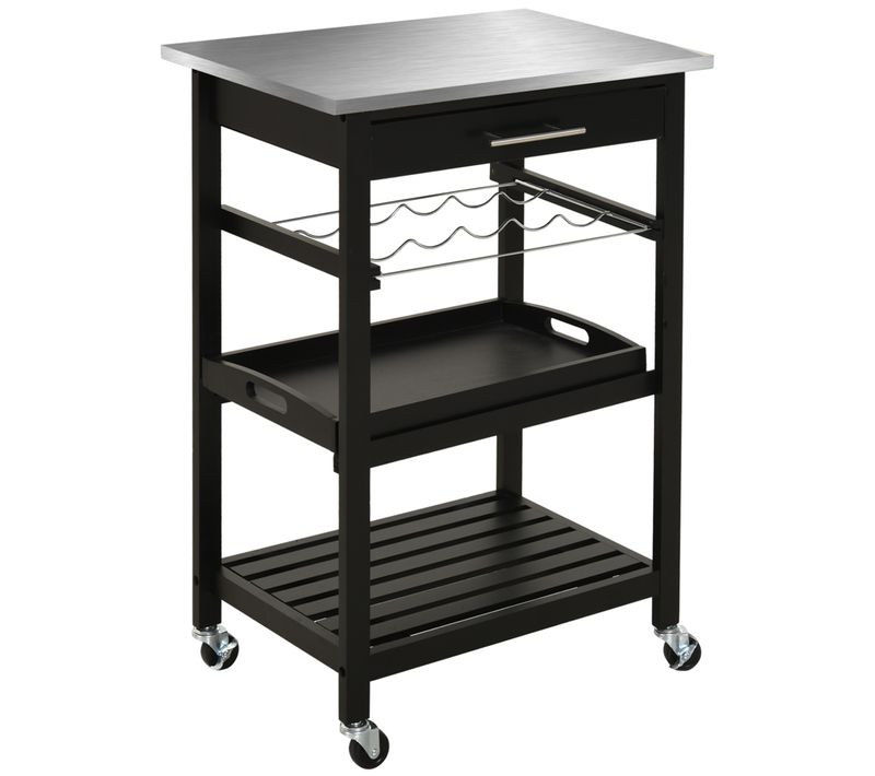 Desserte De Cuisine Multi-rangements Plateau Acier Inox. Mdf Pin Noir