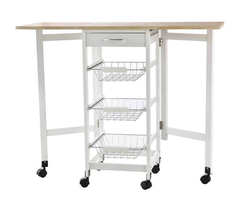 Desserte De Cuisine 3 Paniers Métal + Tiroir + Rallonges Mdf Blanc Chêne Clair