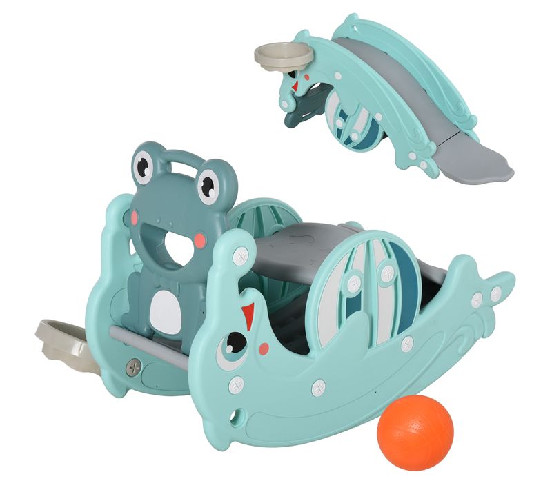 Cheval à Bascule Grenouille 3 En 1 Toboggan Panier Basket 3 à 5 Ans Bleu Turquoise