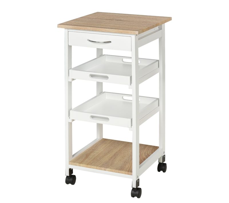 Desserte De Cuisine Panier + Plateaux Amovibles, Tiroir, étagère Mdf Chêne Clair