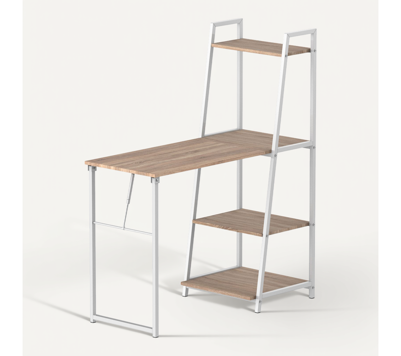 Bureau Bibliothèque 2 En 1 - Bureau Pliable Rabattable Chêne Clair Métal Blanc