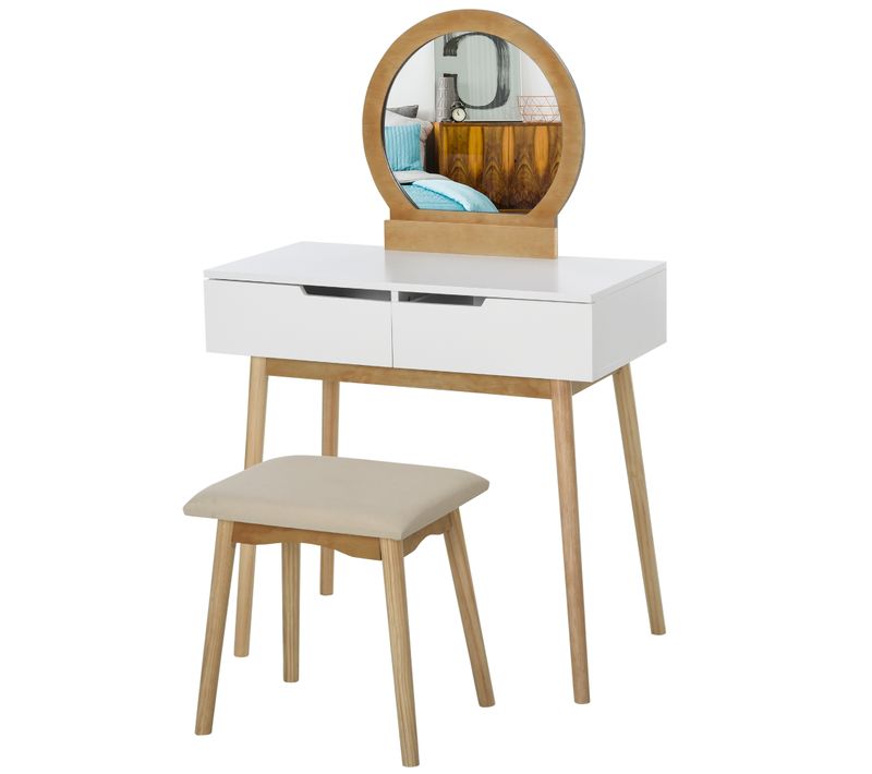 Coiffeuse Design Scandinave Miroir, 2 Tiroirs Et Tabouret Blanc Pin Clair