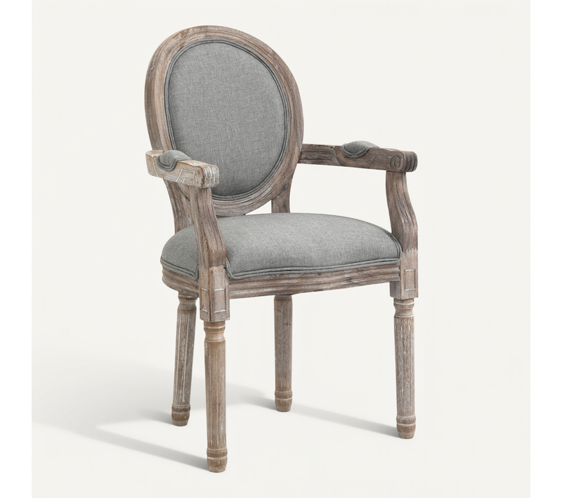 Chaise Médaillon Style Louis Xvi Bois Massif Patiné Sculpté Tissu Lin Gris