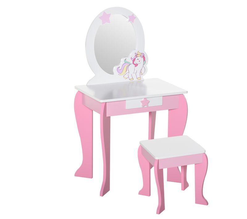 Coiffeuse Enfant Design Licorne - Tabouret Inclus - Tiroir, Miroir - Mdf Rose Blanc