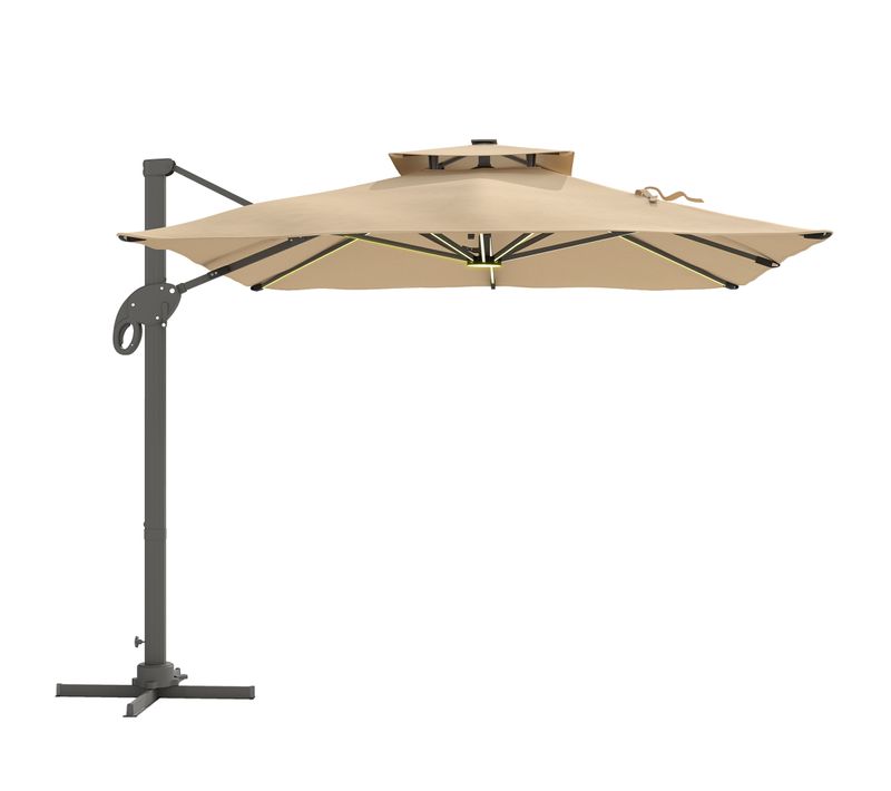 Parasol Déporté LED Carré Double Toit Inclinable Pivotant 360° Beige