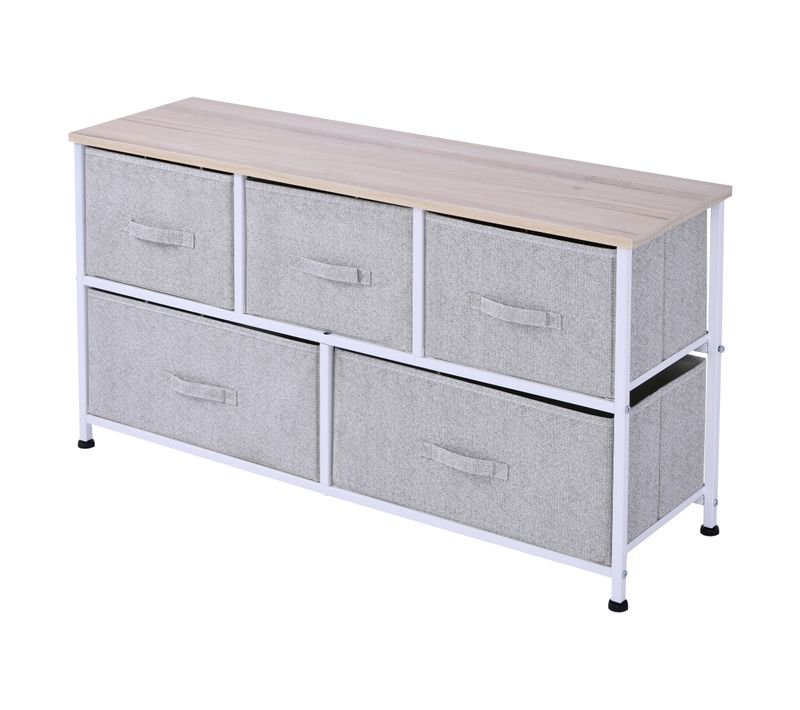 Commode 5 Tiroirs Non-tissés Gris Structure Métal Blanc Plateau Aspect Bois Clair