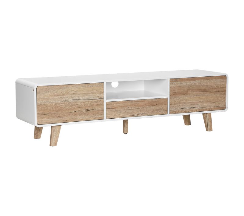 Meuble TV Bas Sur Pied Style Scandinave Mdf Blanc Aspect Chêne Clair
