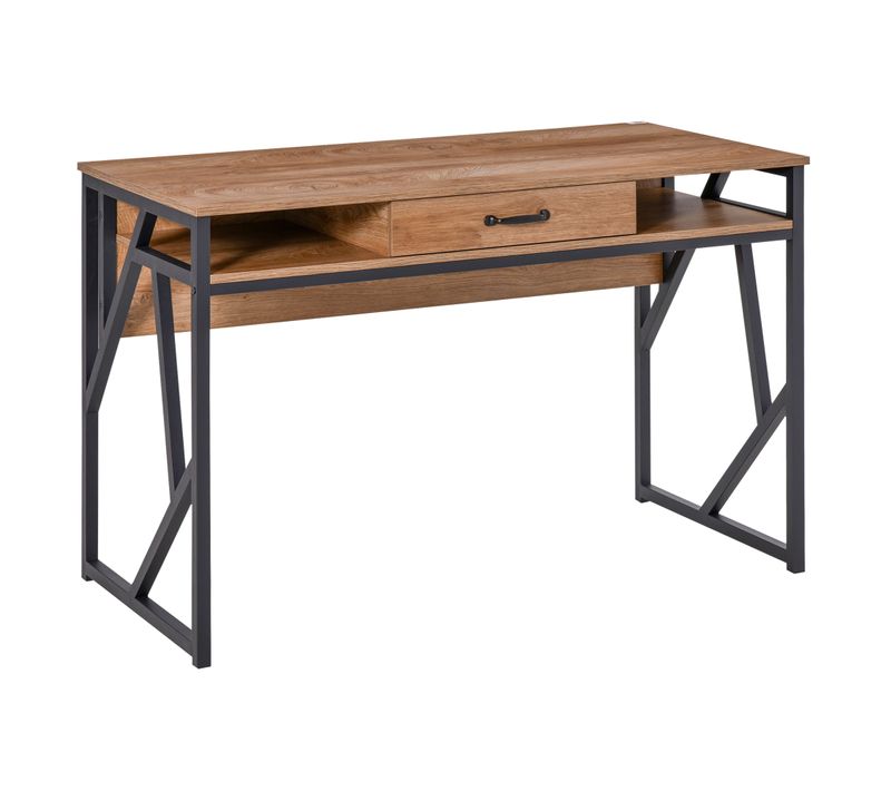 Bureau Style Industriel 2 Niches Tiroir Métal Noir Plateau Aspect Bois Noyer