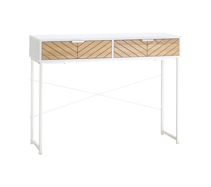 Console Style Industriel 2 Tiroirs Aspect Chêne Clair Métal Blanc