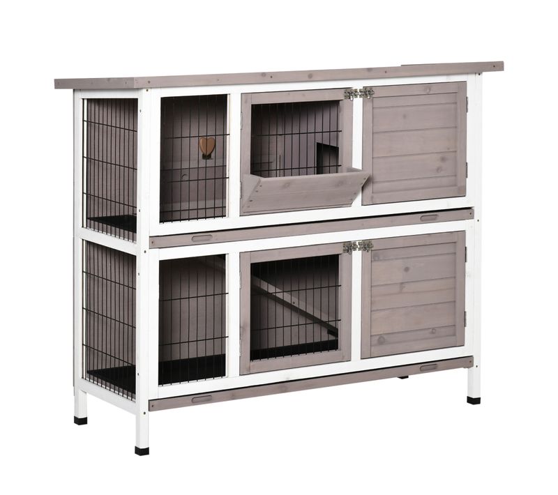 Clapier à Lapin Cage à Lapin 2 Étages Trappe De Séparation Amovible Sapin Gris Blanc