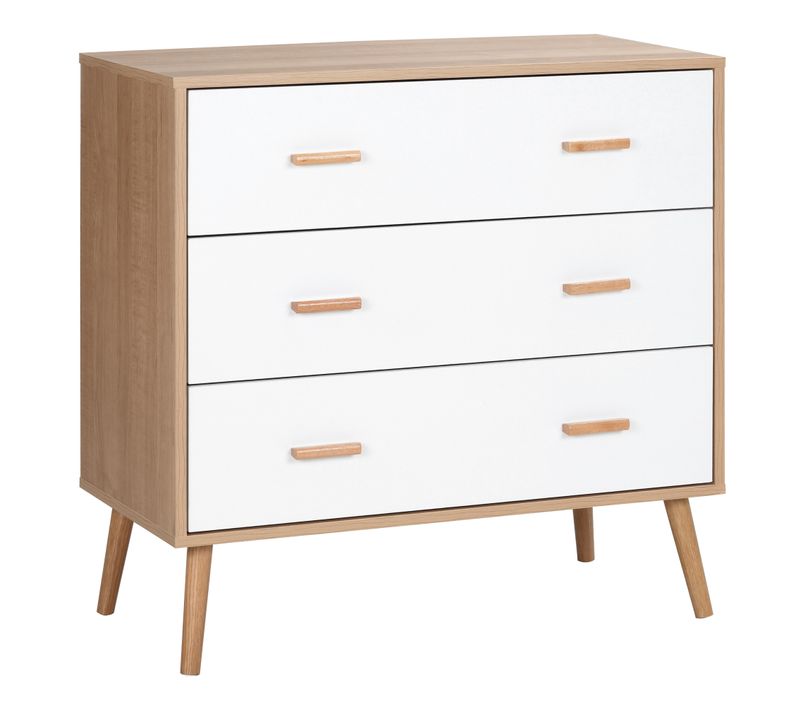 Commode Scandinave Sur Pieds 3 Tiroirs Blanc Aspect Bois Clair