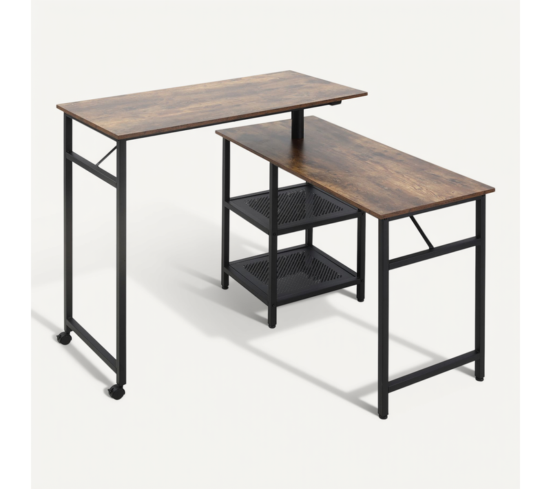 Bureau D'angle Modulable Design Industriel Aspect Vieux Bois Métal Noir