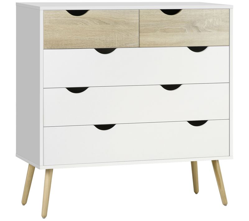 Commode 5 Tiroirs Design Scandinave Blanc Aspect Chêne Clair