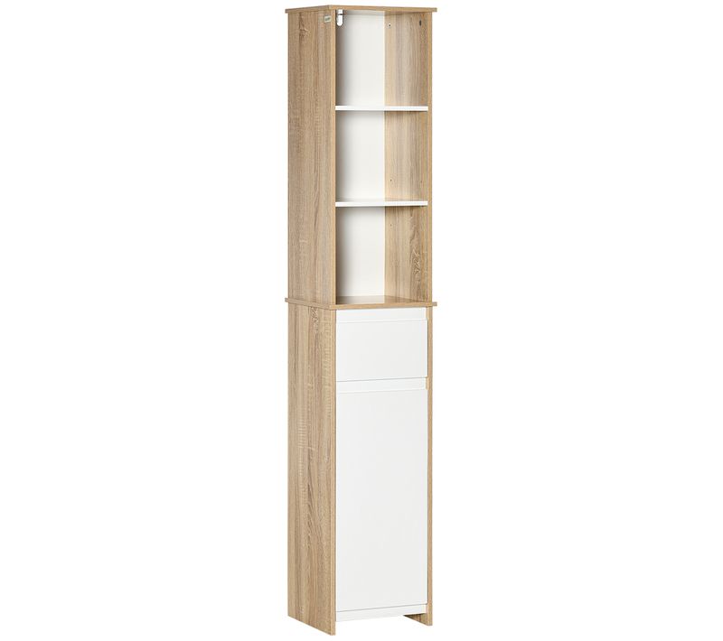 Meuble Colonne Rangement Salle De Bain 3 Niches Tiroir Placard Blanc Aspect Chêne Clair