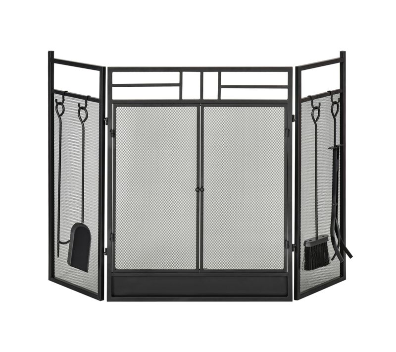 Pare-feu Serviteur Pour Cheminée Poêle 3 Volets Pliables Acier Métal Noir