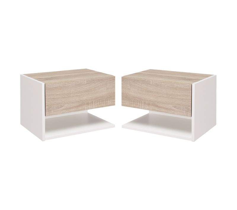 Lot De 2 Chevets Muraux - Tiroir Coulissant, Étagère, Plateau - Blanc Aspect Chêne Clair