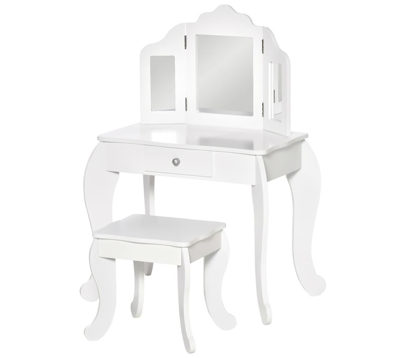 Coiffeuse Enfant Avec Tabouret, Miroir Triptyque Et Tiroir Coulissant