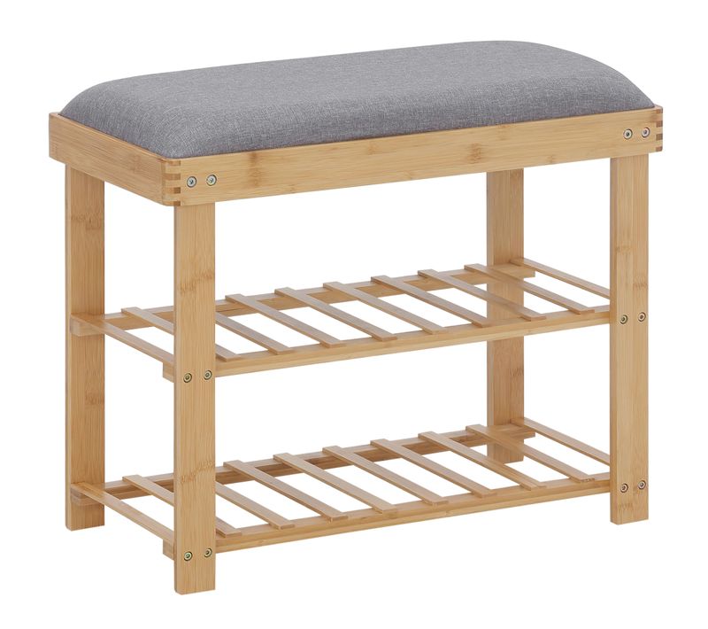 Banc à Chaussures 2 étagères Bambou Coussin Gris