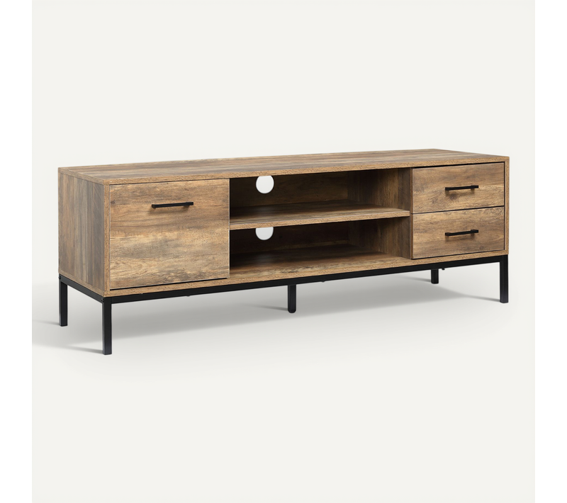Meuble TV Banc TV Industriel Acier Noir Aspect Bois