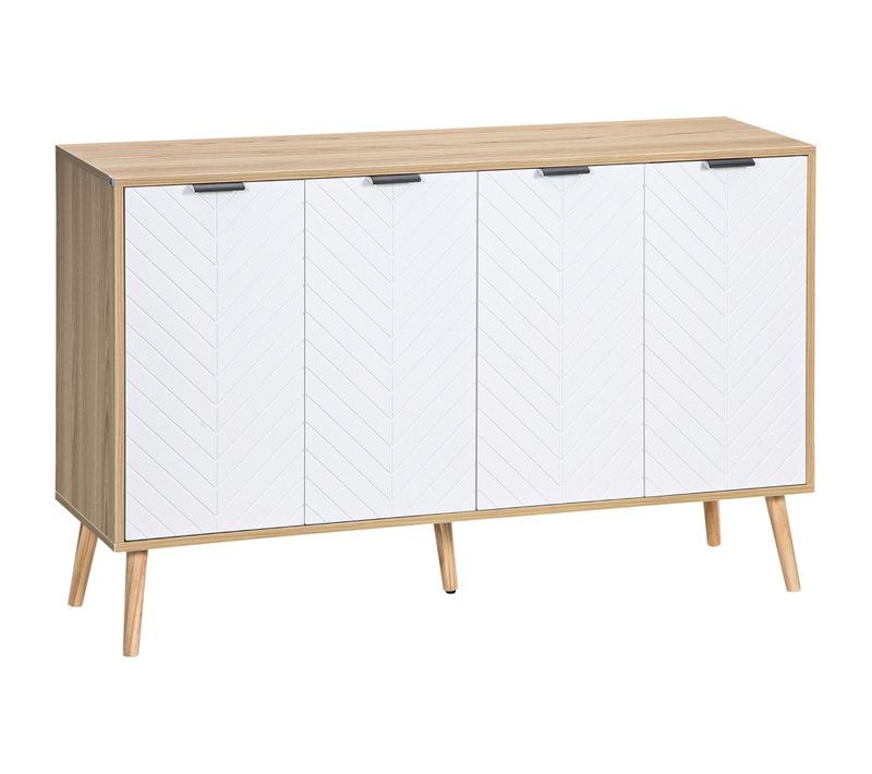 Buffet Scandinave 4 Portes 2 Étagères Bois Pin Portes Chevrons Blanc Bois Clair