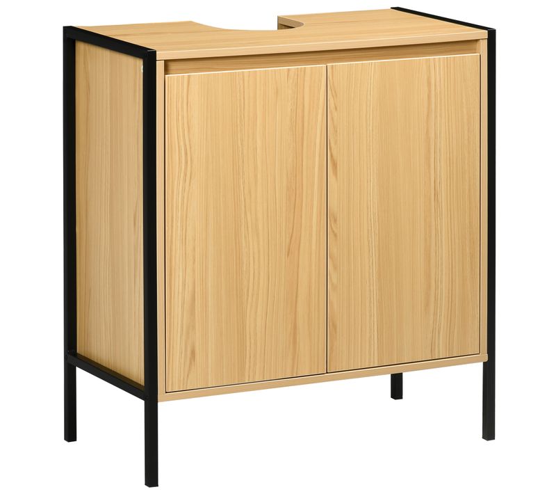 Meuble Sous-vasque 2 Portes Étagère Acier Aspect Bois Clair