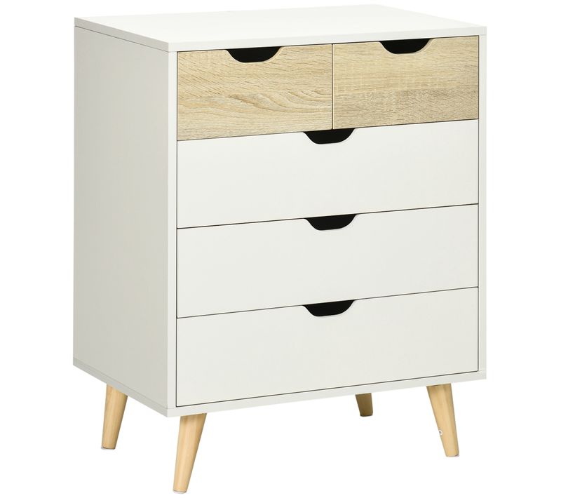 Commode Design Scandinave 5 Tiroirs Bois Blanc Aspect Bois Clair