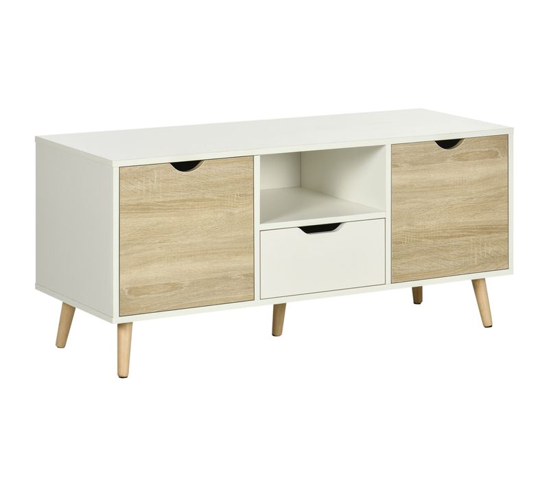 Meuble TV Style Scandinave 2 Portes Tiroir Niche Blanc Chêne Clair