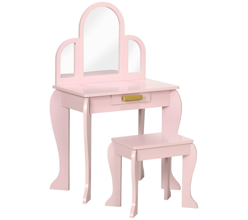 Coiffeuse Enfant Et Tabouret Design Girly Mdf Bois Pin Rose Poudré