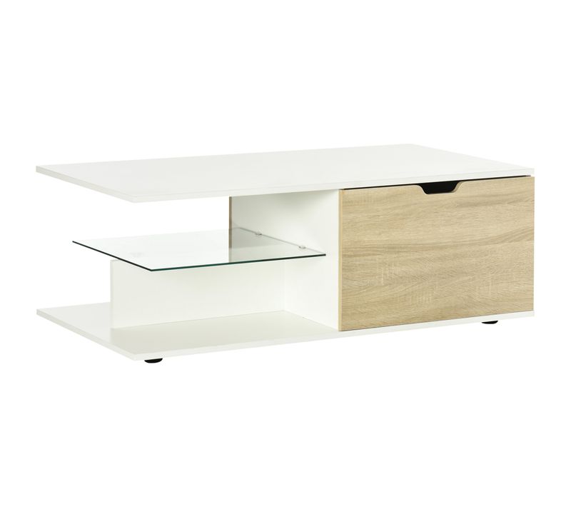 Table Basse Design 2 Tiroirs 2 Niches Étagère Verre Blanc Mat Aspect Chêne Clair