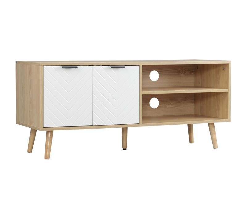 Meuble TV Bas Sur Pied Style Scandinave Blanc Aspect Bois Clair