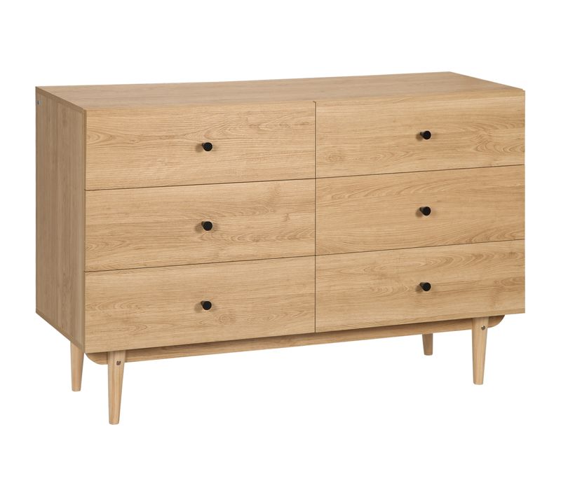 Commode Vintage 6 Tiroirs Piètement Bois Pin Panneaux Aspect Bois Teck