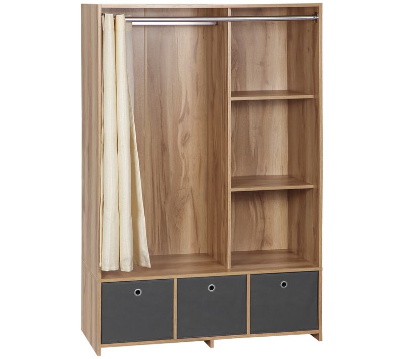 Vestiaire D'entrée Avec Barre De Penderie 3 Niches 3 Tiroirs Et Rideau Tissu