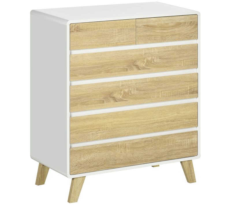 Commode Scandinave Sur Pieds 6 Tiroirs Blanc Aspect Chêne Clair