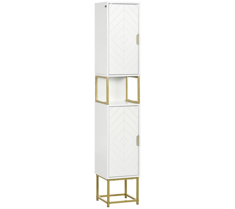 Meuble Colonne Salle De Bain 2 Portes 2 étagères Niche Doré Blanc