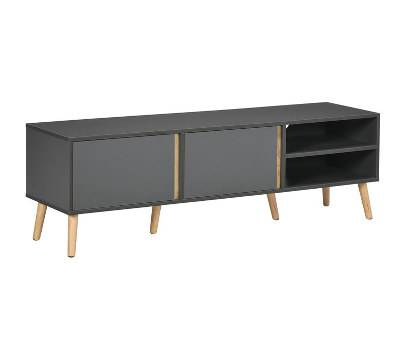 Meuble TV 2 Portes 2 Niches Design Scandinave Gris Aspect Bois Clair