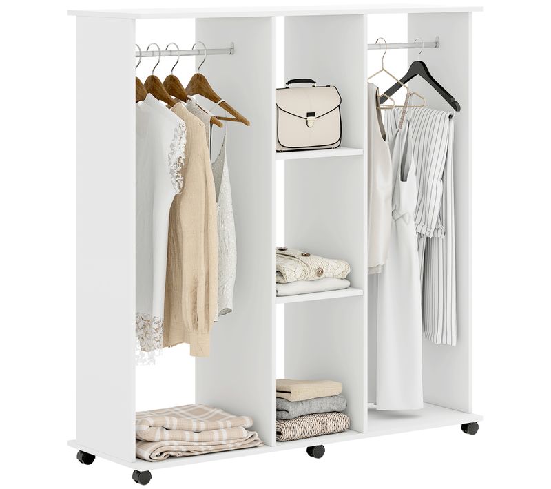 Armoire Penderie Meuble De Rangement Mobile 6 Roulettes 120 X 40 X 128 Cm En Bois Blanc