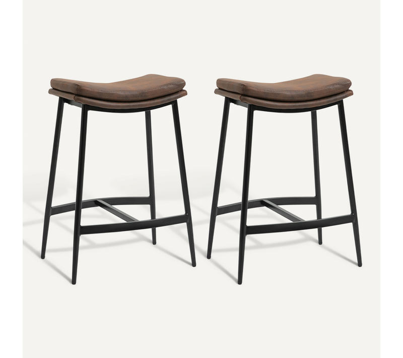 Lot De 2 Tabourets De Bar Vintage Acier Noir Assise Incurvée Marron Vieilli