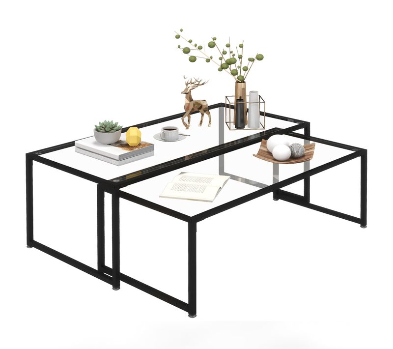 Lot De 2 Tables Basses Gigognes Rectangulaires Design Acier Noir Verre Trempé