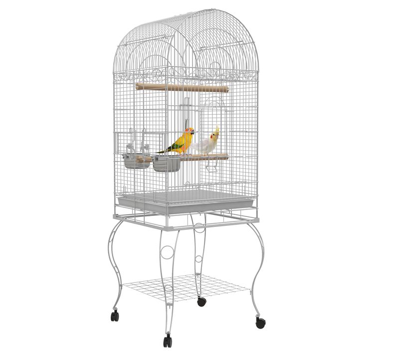 Cage à Oiseaux Volière Sur Roulettes - étagère, Grille, Plateau Amovible - Acier Blanc