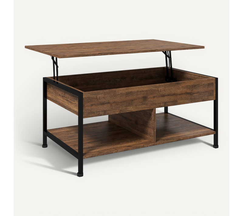 Table Basse Avec Plateau Relevable - 2 Étagères, Coffre - Aspect Bois Rustique Noir