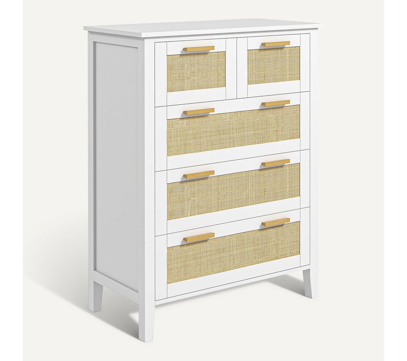 Commode 5 Tiroirs Cannage En Rotin Mdf Blanc Bois De Pin