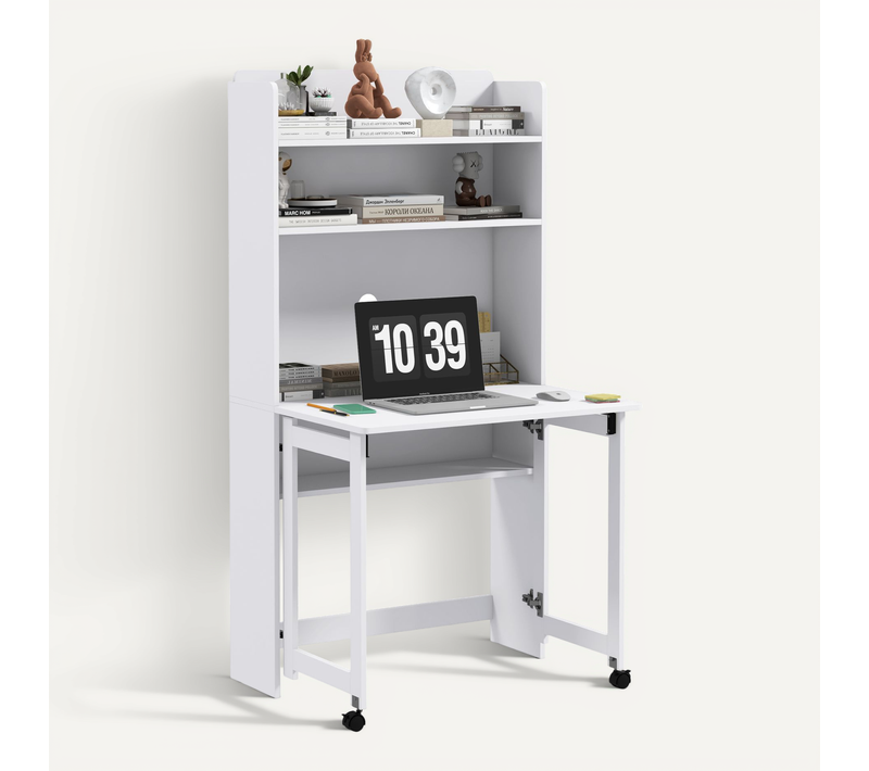 Bureau Mural Pliable Bibliothèque 2 En 1 Avec 3 étagères Mdf Blanc
