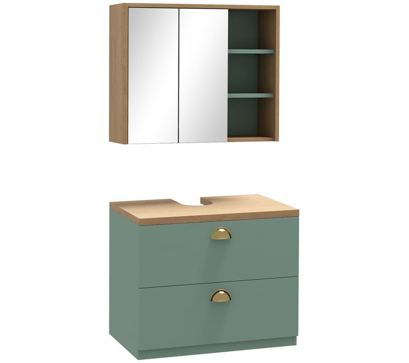 Ensemble 2 Meubles De Salle De Bain Aspect Bois Clair Vert