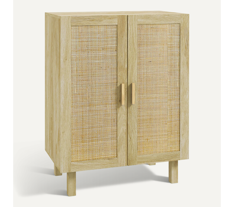 Buffet 2 Portes 2 étagères Style Bohème Aspect Bois Clair Cannage Rotin
