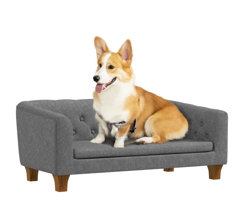 Canapé Chien Style Chesterfield Dossier Capitonné Pieds Bois Polyester Gris