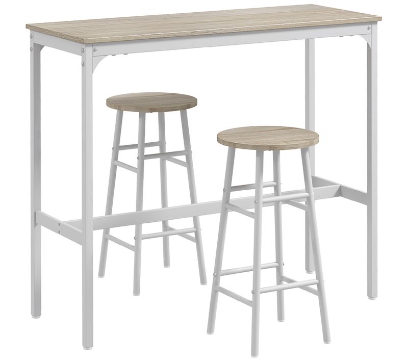 Ensemble table haute et 2 tabourets de bar assortis - Acier Blanc Aspect Bois Blanc
