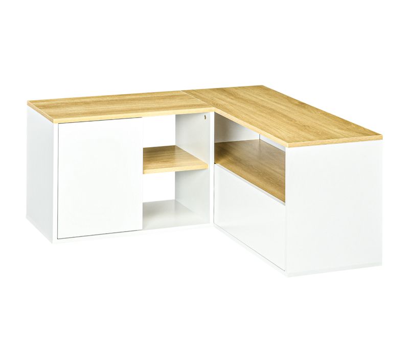 Meuble TV D'angle 2 Portes 3 Niches Aspect Bois Chêne Clair Blanc