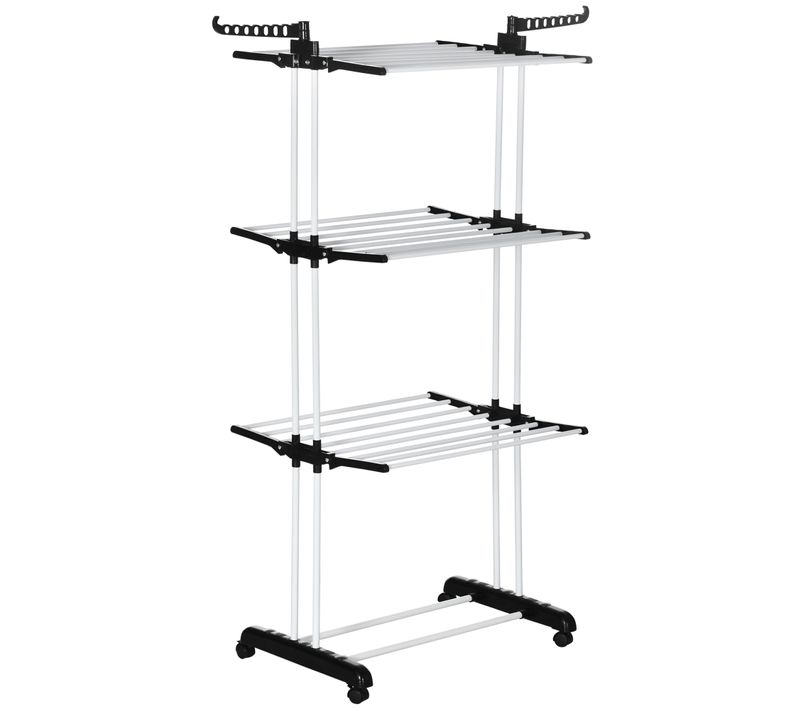 Sechoir à Linge Étendoir Pliable 3 Niveaux 2 Ailes Latérales à Cintres Acier Blanc Pp